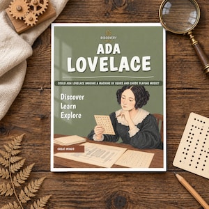 May include: A rectangular book cover with a sage green background featuring an illustration of Ada Lovelace at a desk. Text reads: ADA LOVELACE, COULD ADA LOVELACE IMAGINE A MACHINE OF GEARS AND CARDS PLAYING MUSIC?, Discover Learn Explore, GREAT MINDS.