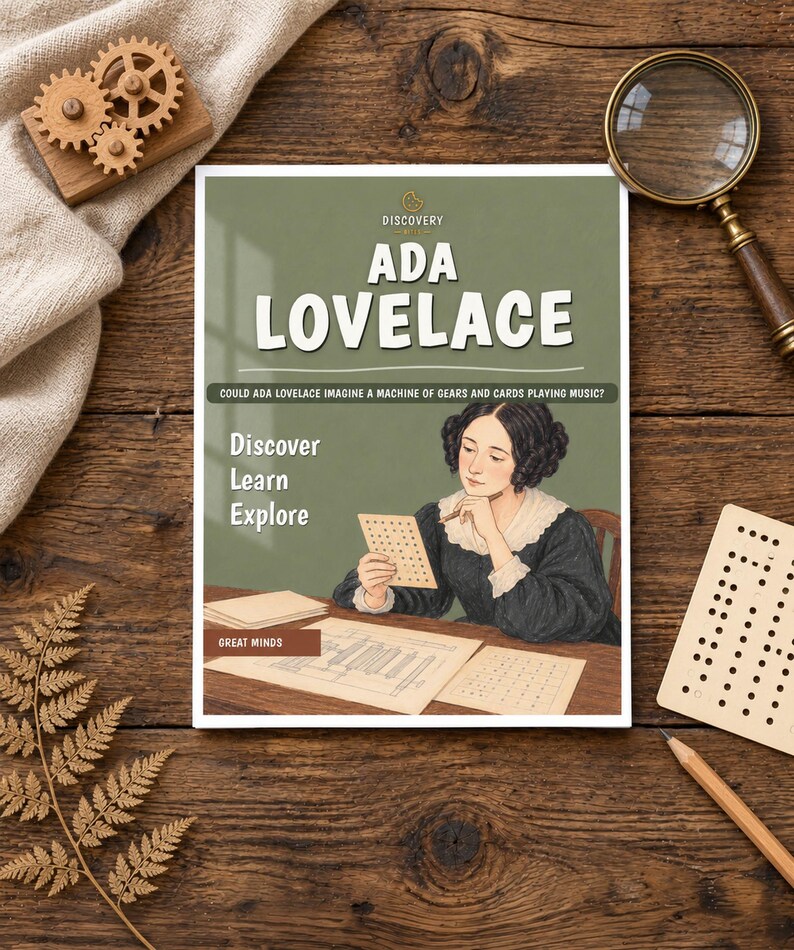 May include: A rectangular book cover with a sage green background featuring an illustration of Ada Lovelace at a desk. Text reads: ADA LOVELACE, COULD ADA LOVELACE IMAGINE A MACHINE OF GEARS AND CARDS PLAYING MUSIC?, Discover Learn Explore, GREAT MINDS.