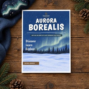 May include: A rectangular book titled Aurora Borealis with a cover illustration of a green aurora over a snowy landscape and pine trees. The text reads Discovery Bites, Aurora Borealis, Why can the dark sky over Fairbanks glow green?, Discover, Learn, Explore, and Natural Wonders.