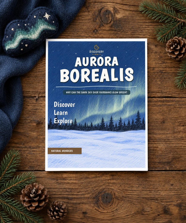 May include: A rectangular book titled Aurora Borealis with a cover illustration of a green aurora over a snowy landscape and pine trees. The text reads Discovery Bites, Aurora Borealis, Why can the dark sky over Fairbanks glow green?, Discover, Learn, Explore, and Natural Wonders.