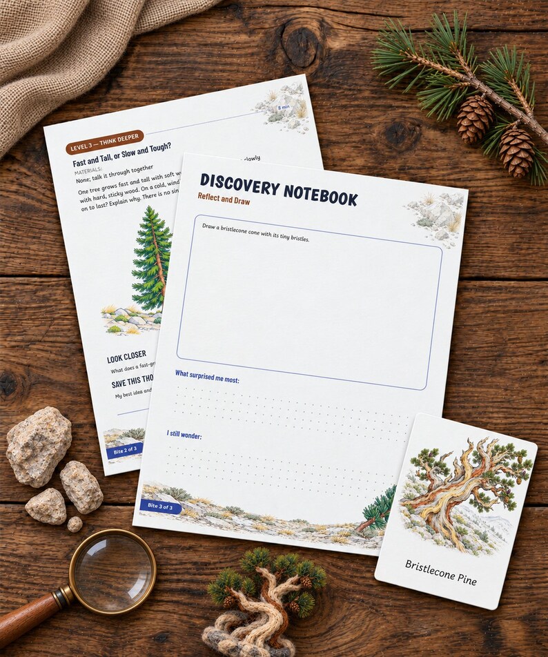 May include: Two white paper sheets titled Discovery Notebook with Reflect and Draw prompts, and a small card labeled Bristlecone Pine. The sheets feature illustrations of a pine tree and a blank box for drawing a bristlecone cone with tiny bristles.