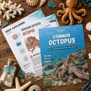 May include: Educational activity sheets titled Common Octopus and Keep Exploring featuring octopus illustrations and facts, accompanied by a wooden octopus figurine, a glass jar with sea glass, a starfish, and seashells on a wooden surface.