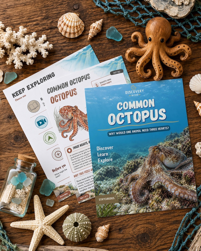 May include: Educational activity sheets titled Common Octopus and Keep Exploring featuring octopus illustrations and facts, accompanied by a wooden octopus figurine, a glass jar with sea glass, a starfish, and seashells on a wooden surface.