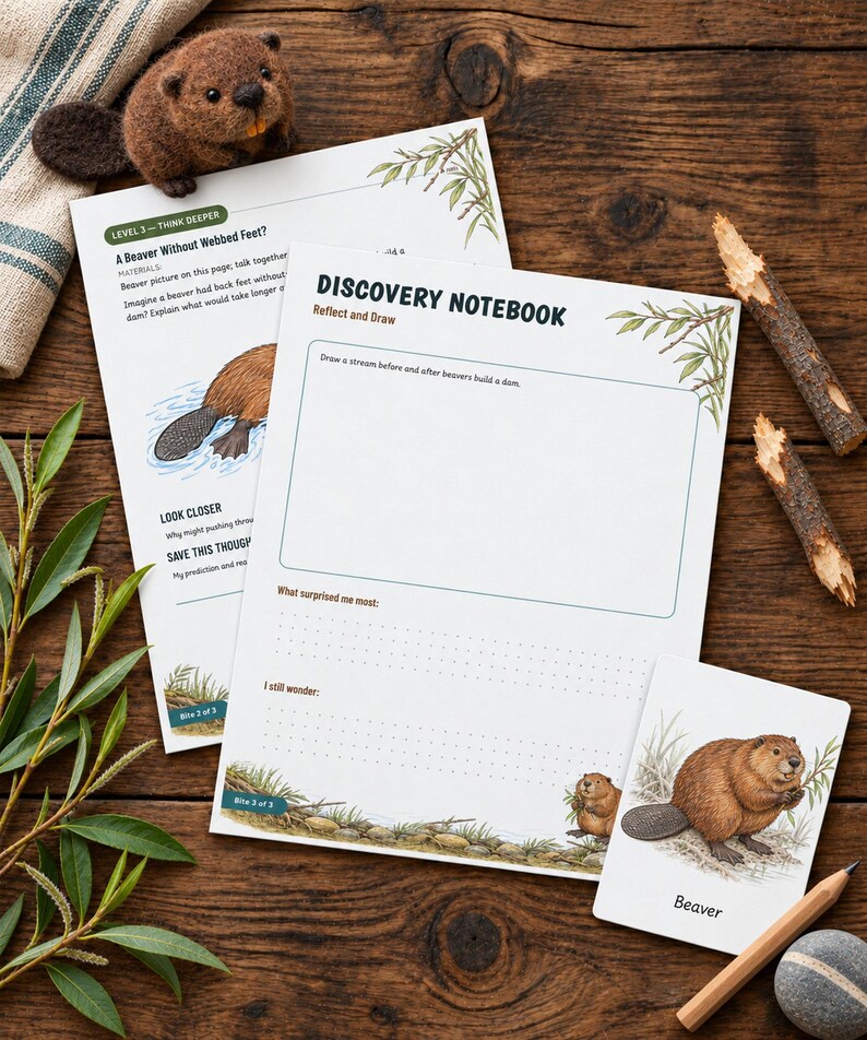 Puede incluir: Una hoja de actividades Discovery Notebook con una ilustraci&oacute;n de castor, una consigna de dibujo y secciones para notas. Incluye una peque&ntilde;a figura de castor de fieltro, una tarjeta informativa y un l&aacute;piz de madera sobre una superficie de madera.