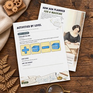 May include: Two educational activity sheets titled How Ada Planned for a Machine and Activities by Level. The pages feature illustrations of Ada Lovelace, mathematical symbols, and diagrams. The sheets are printed on white paper with black text.