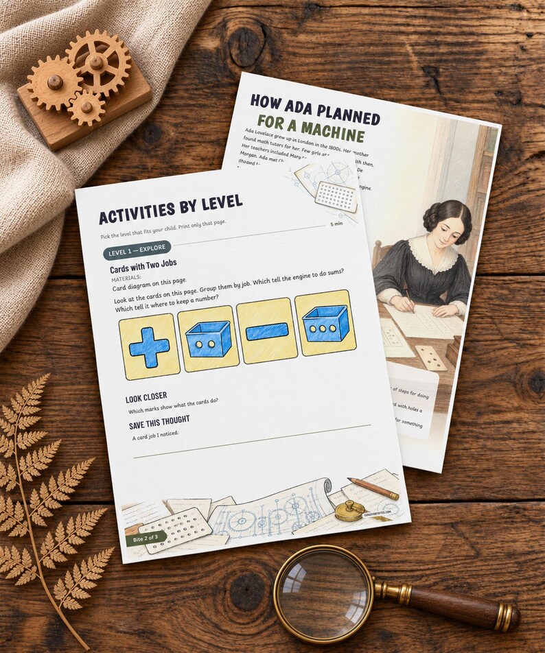 May include: Two educational activity sheets titled How Ada Planned for a Machine and Activities by Level. The pages feature illustrations of Ada Lovelace, mathematical symbols, and diagrams. The sheets are printed on white paper with black text.