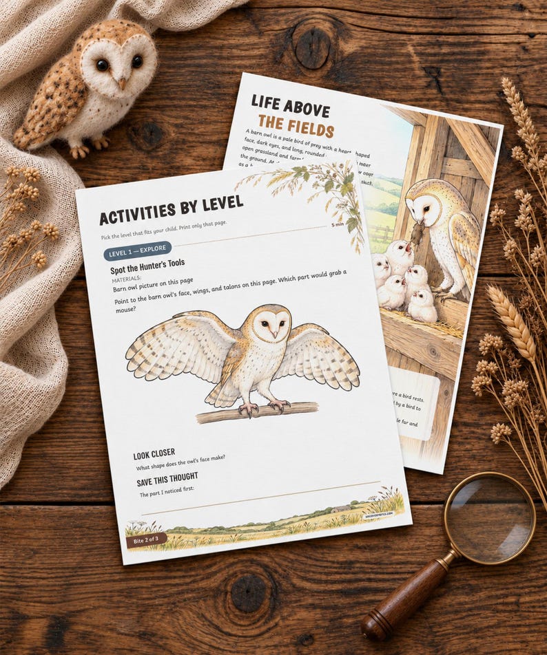 Puede incluir: Dos hojas de actividades educativas sobre lechuzas comunes con ilustraciones de aves en vuelo y en un nido. El texto incluye encabezados como Activities by Level y Life Above the Fields, con preguntas para identificar caracter&iacute;sticas del ave.