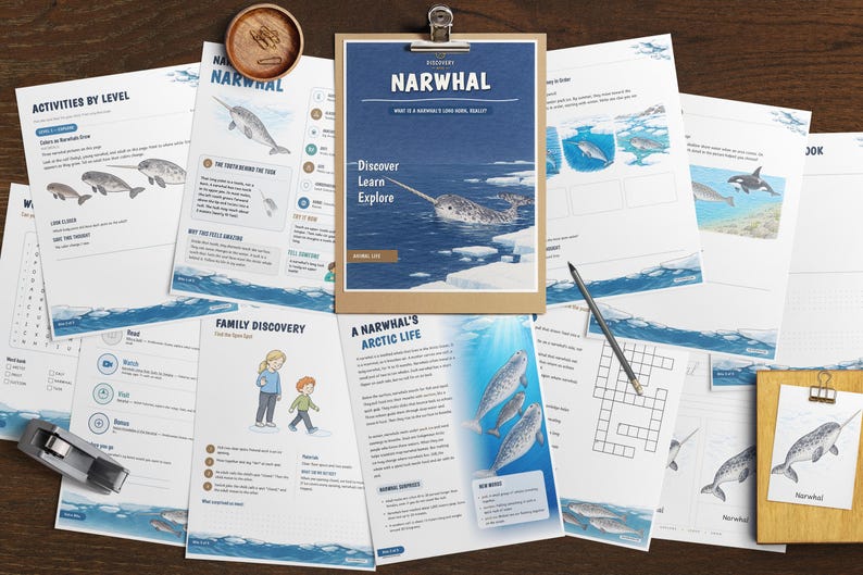 Puede incluir: Una colecci&oacute;n de hojas de actividades educativas sobre narvales, con ilustraciones del mam&iacute;fero marino, encabezados de texto como 'Narwhal' y 'A Narwhal's Arctic Life', crucigramas y diagramas, dispuestos sobre una superficie con un portapapeles.