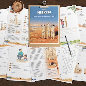 K&ouml;nnte beinhalten: Eine Sammlung von p&auml;dagogischen Arbeitsbl&auml;ttern mit Erdm&auml;nnchen-Illustrationen, Texten und Diagrammen. Die Seiten enthalten Wortsuchr&auml;tsel, Schreib&uuml;bungen und informative Inhalte &uuml;ber Erdm&auml;nnchen, pr&auml;sentiert mit einem Klemmbrett und einem Stift.