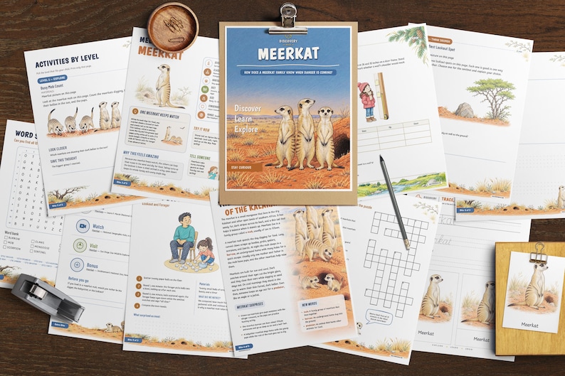K&ouml;nnte beinhalten: Eine Sammlung von p&auml;dagogischen Arbeitsbl&auml;ttern mit Erdm&auml;nnchen-Illustrationen, Texten und Diagrammen. Die Seiten enthalten Wortsuchr&auml;tsel, Schreib&uuml;bungen und informative Inhalte &uuml;ber Erdm&auml;nnchen, pr&auml;sentiert mit einem Klemmbrett und einem Stift.