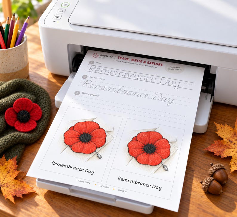 May include: A white printer holds a printed worksheet titled Trace, Write & Explore Remembrance Day. The page features cursive practice lines and two illustrations of red poppy pins with black centers, labeled Remembrance Day.