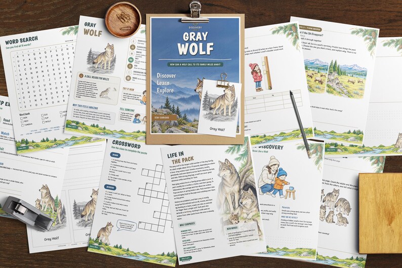 Puede incluir: Una colecci&oacute;n de hojas de actividades educativas sobre lobos grises, con ilustraciones de lobos en paisajes monta&ntilde;osos, sopas de letras, crucigramas y textos informativos. Un portapapeles sostiene la p&aacute;gina principal y un l&aacute;piz descansa cerca.