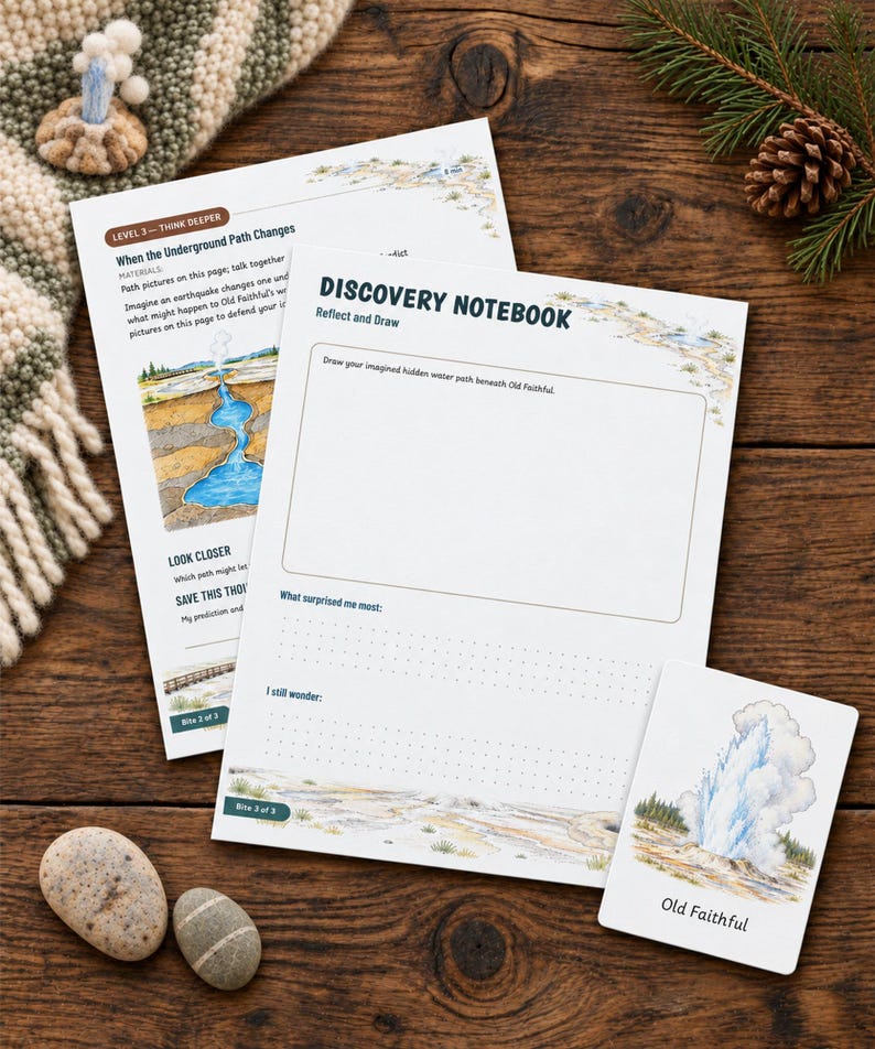 May include: Two educational activity sheets titled Discovery Notebook and When the Underground Path Changes, featuring illustrations of Old Faithful, alongside a small card labeled Old Faithful, all printed on white paper with blue and brown text.