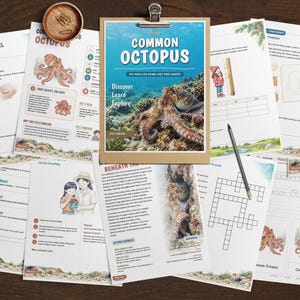 May include: A collection of educational activity sheets about the common octopus, featuring printed text, illustrations of octopuses, word searches, and crossword puzzles. A clipboard holds the cover page, and a pencil rests on the papers.
