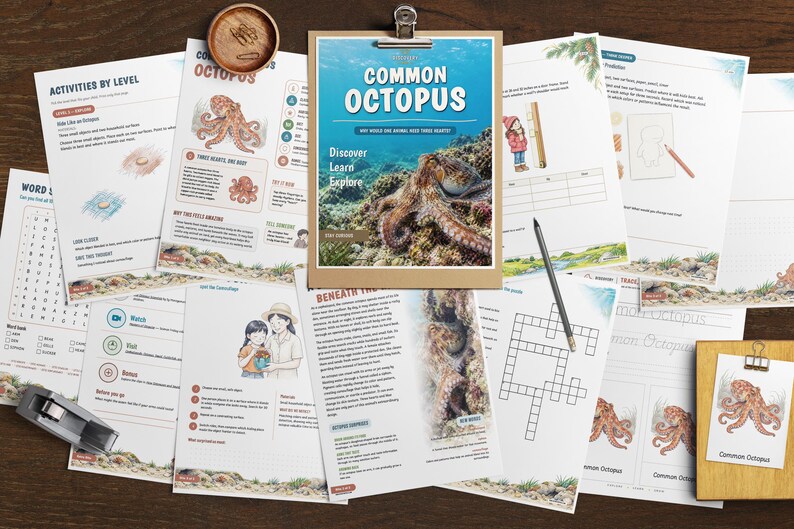 May include: A collection of educational activity sheets about the common octopus, featuring printed text, illustrations of octopuses, word searches, and crossword puzzles. A clipboard holds the cover page, and a pencil rests on the papers.