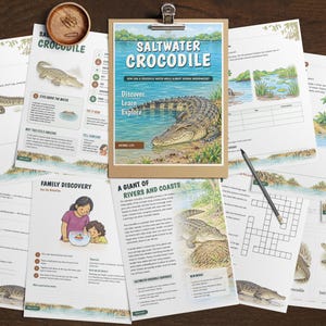 May include: A collection of educational activity sheets about saltwater crocodiles, featuring illustrations of the reptile, text headers like Saltwater Crocodile, and diagrams. Includes a clipboard, a pencil, and a small wooden bowl.