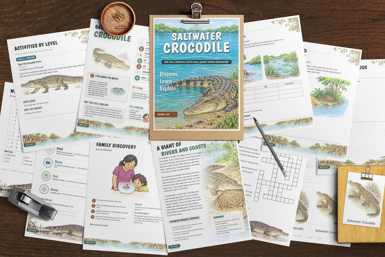 May include: A collection of educational activity sheets about saltwater crocodiles, featuring illustrations of the reptile, text headers like Saltwater Crocodile, and diagrams. Includes a clipboard, a pencil, and a small wooden bowl.