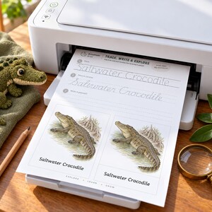 May include: A white printer outputting a worksheet titled Trace, Write & Explore Saltwater Crocodile. The page features dotted lines for handwriting practice and two illustrations of a saltwater crocodile. A small green crochet crocodile toy sits nearby.