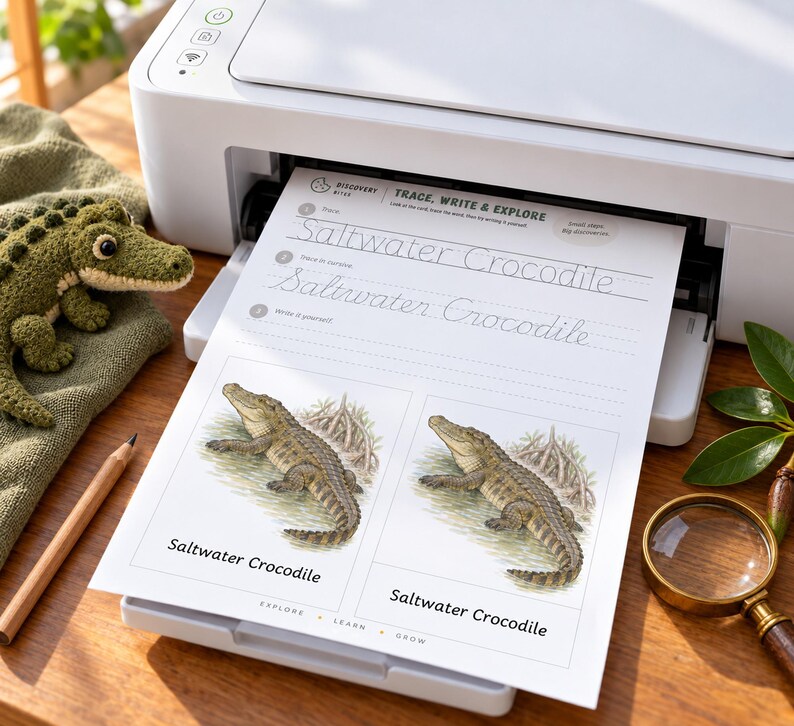 May include: A white printer outputting a worksheet titled Trace, Write & Explore Saltwater Crocodile. The page features dotted lines for handwriting practice and two illustrations of a saltwater crocodile. A small green crochet crocodile toy sits nearby.