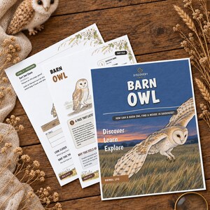 Puede incluir: Tres hojas de actividades educativas sobre lechuzas comunes con el texto Barn Owl, Discover Learn Explore y How can a barn owl find a mouse in darkness? Las hojas incluyen ilustraciones de lechuzas volando y posadas, junto a datos.