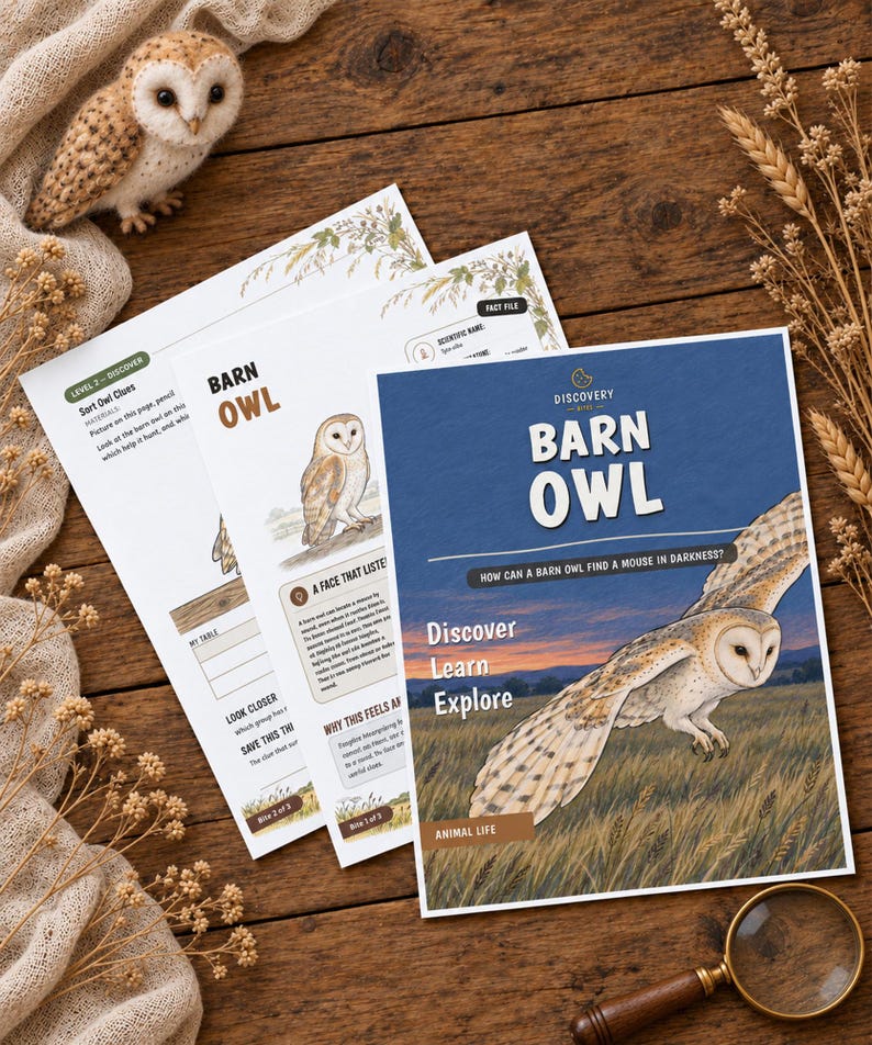 Puede incluir: Tres hojas de actividades educativas sobre lechuzas comunes con el texto Barn Owl, Discover Learn Explore y How can a barn owl find a mouse in darkness? Las hojas incluyen ilustraciones de lechuzas volando y posadas, junto a datos.