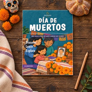 May include: A book titled D&iacute;a de Muertos with a cover illustration of three people gathered around an altar decorated with orange marigolds, a framed photograph, and papel picado banners. The text reads Discovery, D&iacute;a de Muertos, What could a table say about someone who is gone?, Discover, Learn, Explore, and Celebrations.