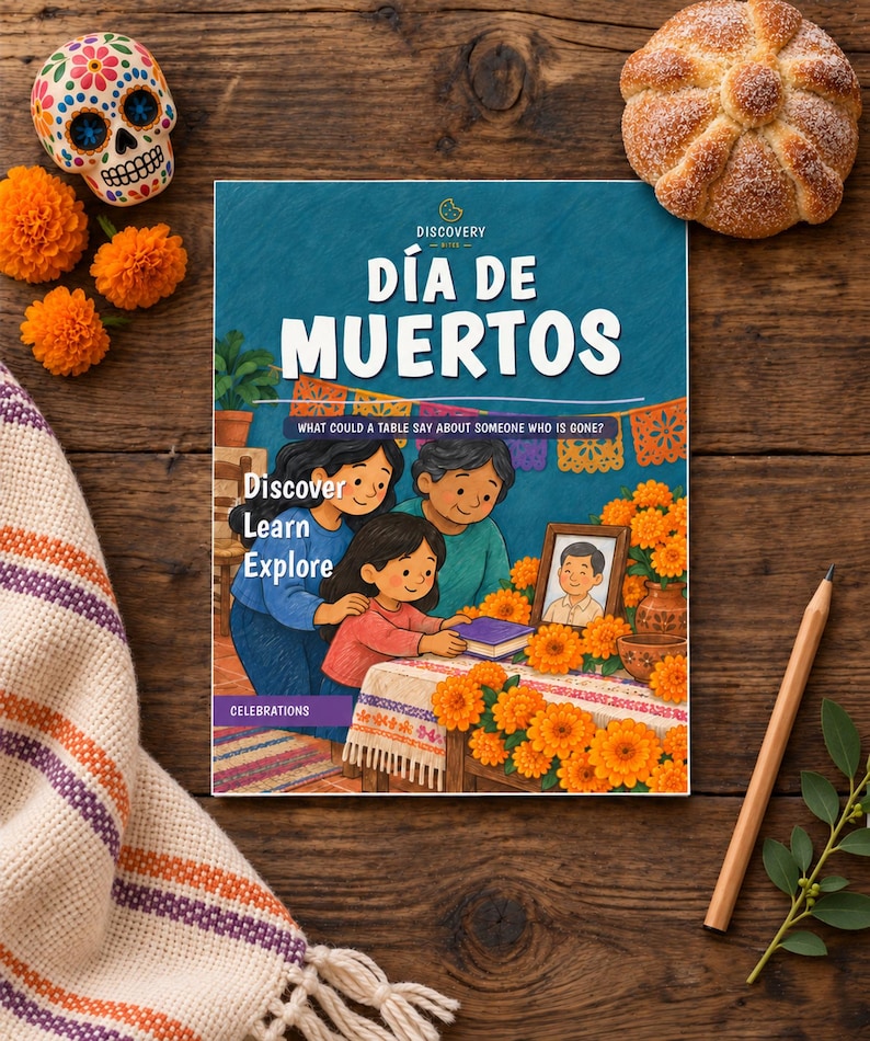 May include: A book titled D&iacute;a de Muertos with a cover illustration of three people gathered around an altar decorated with orange marigolds, a framed photograph, and papel picado banners. The text reads Discovery, D&iacute;a de Muertos, What could a table say about someone who is gone?, Discover, Learn, Explore, and Celebrations.