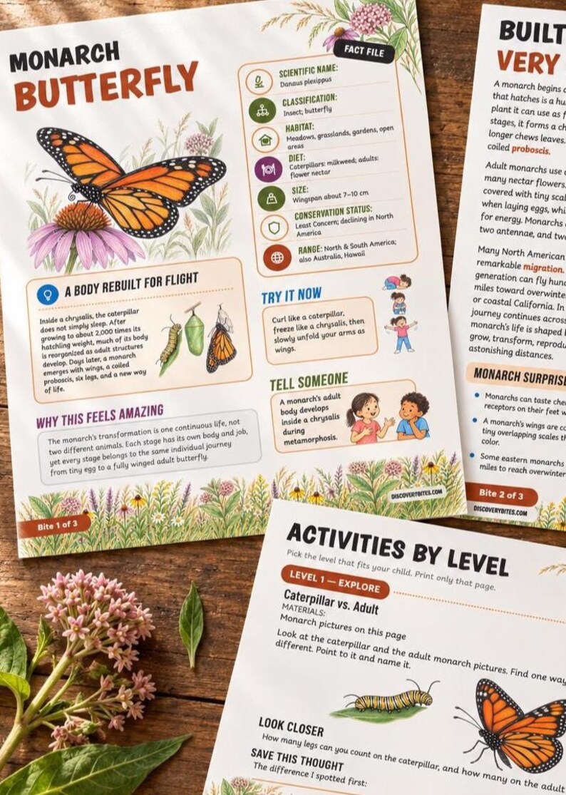 May include: Educational printables about the monarch butterfly featuring illustrations of the insect, chrysalis, and caterpillar. The pages include a fact file, life cycle information, and activity prompts with text headers like Monarch Butterfly and Activities by Level.