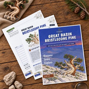 May include: Educational activity sheets titled Great Basin Bristlecone Pine with illustrations of pine trees, text about tree longevity, and sections for learning, alongside a magnifying glass, small rocks, and pine branches.