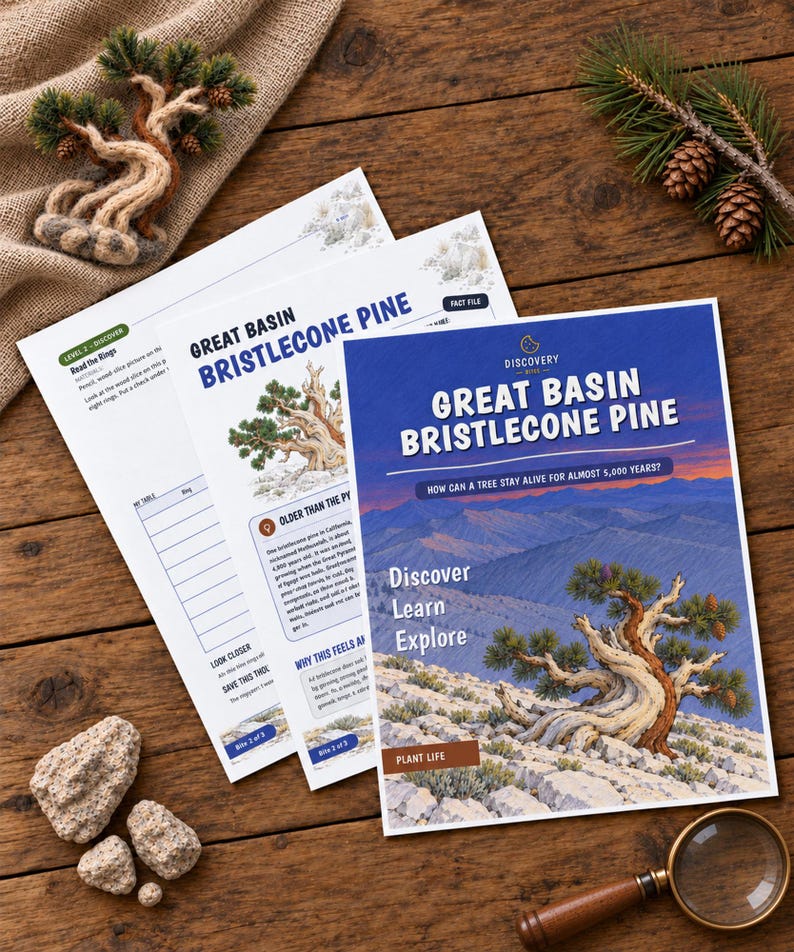 May include: Educational activity sheets titled Great Basin Bristlecone Pine with illustrations of pine trees, text about tree longevity, and sections for learning, alongside a magnifying glass, small rocks, and pine branches.