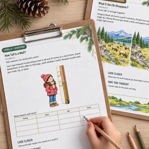 Puede incluir: Dos hojas de trabajo educativas sobre portapapeles marrones con ilustraciones de naturaleza. La hoja izquierda titulada Level 2 Discover How Tall Is A Wolf incluye un dibujo de un ni&ntilde;o midiendo su altura en un marco de puerta y una tabla.