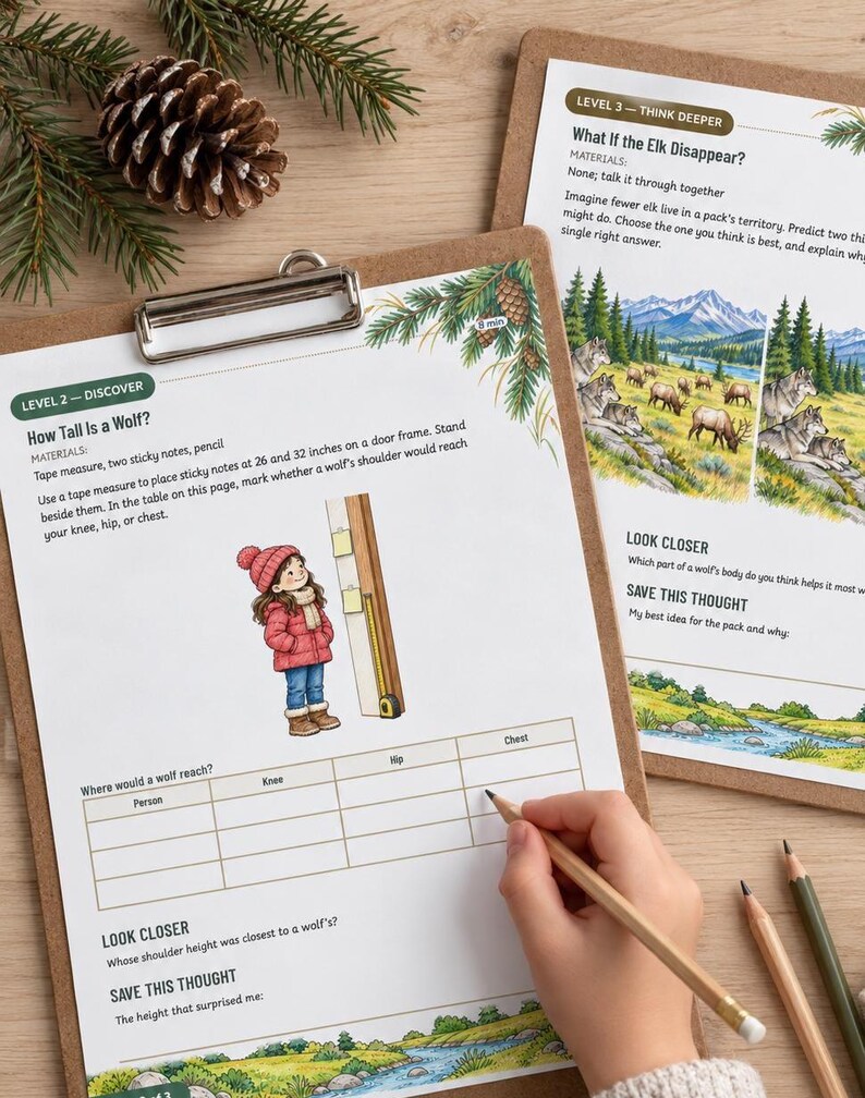 Puede incluir: Dos hojas de trabajo educativas sobre portapapeles marrones con ilustraciones de naturaleza. La hoja izquierda titulada Level 2 Discover How Tall Is A Wolf incluye un dibujo de un ni&ntilde;o midiendo su altura en un marco de puerta y una tabla.