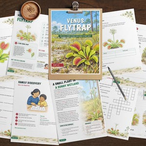 May include: A collection of educational activity sheets about Venus flytraps, featuring illustrations of the plant, crossword puzzles, and text titled Venus Flytrap. Includes a clipboard, a pencil, and a small wooden bowl with paper clips.
