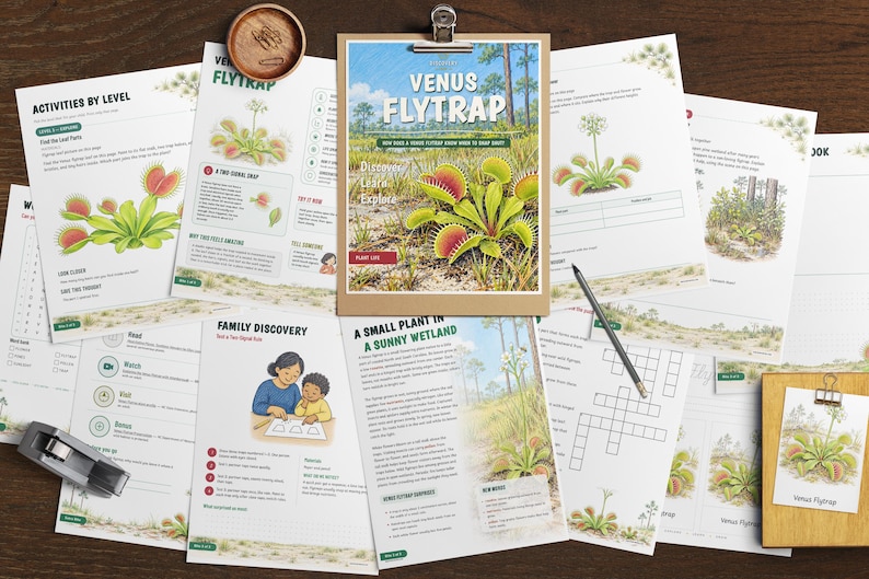 May include: A collection of educational activity sheets about Venus flytraps, featuring illustrations of the plant, crossword puzzles, and text titled Venus Flytrap. Includes a clipboard, a pencil, and a small wooden bowl with paper clips.