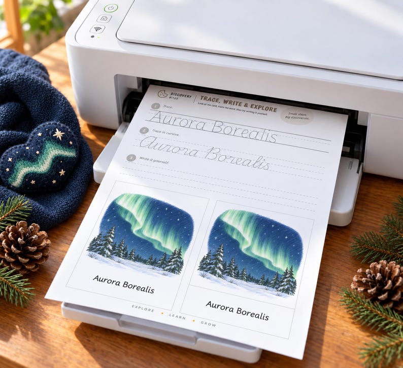 May include: A white printer outputting a worksheet titled Trace, Write & Explore Aurora Borealis. The page features cursive practice lines and two illustrations of the northern lights over a snowy pine forest with the text Aurora Borealis.
