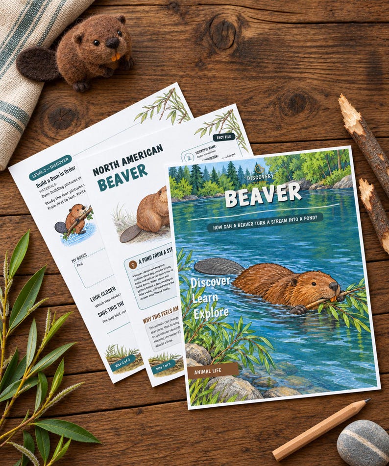 Puede incluir: Hojas de actividades educativas sobre castores con ilustraciones de castores en el agua, texto titulado Beaver, North American Beaver y Build a Dam in Order, acompa&ntilde;adas de una peque&ntilde;a figura de castor de fieltro y un l&aacute;piz de madera.