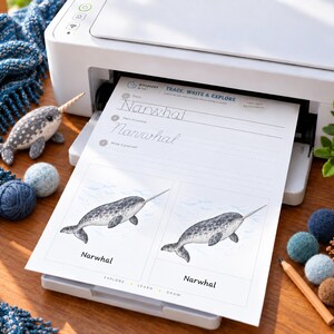 Puede incluir: Una impresora blanca emite una hoja de ejercicios titulada Trace, Write & Explore con la palabra Narwhal. La p&aacute;gina incluye l&iacute;neas para calcar, pr&aacute;ctica de cursiva y dos ilustraciones de un narval. Un juguete de narval de fieltro est&aacute; cerca.