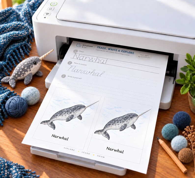 Puede incluir: Una impresora blanca emite una hoja de ejercicios titulada Trace, Write & Explore con la palabra Narwhal. La p&aacute;gina incluye l&iacute;neas para calcar, pr&aacute;ctica de cursiva y dos ilustraciones de un narval. Un juguete de narval de fieltro est&aacute; cerca.