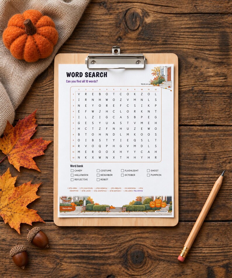 May include: A word search puzzle sheet on a wooden clipboard featuring a grid of letters, a word bank with terms like Candy, Costume, and Pumpkin, and illustrations of autumn scenery. A wooden pencil lies next to the clipboard.