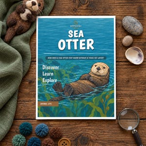 May include: A rectangular book titled Discovery Sea Otter with an illustration of a brown sea otter floating in blue water. The cover features the text How does a sea otter stay warm without a thick fat layer? Discover Learn Explore Animal Life.