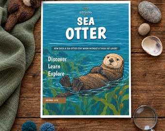 May include: A rectangular book titled Discovery Sea Otter with an illustration of a brown sea otter floating in blue water. The cover features the text How does a sea otter stay warm without a thick fat layer? Discover Learn Explore Animal Life.