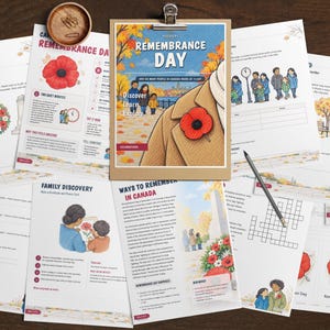 May include: A collection of Remembrance Day educational activity sheets featuring illustrations of red poppies, autumn leaves, and families. The central document on a clipboard displays the text Remembrance Day and Discover Learn Explore.