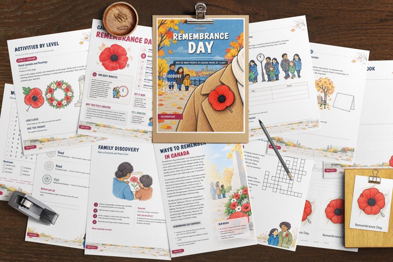 May include: A collection of Remembrance Day educational activity sheets featuring illustrations of red poppies, autumn leaves, and families. The central document on a clipboard displays the text Remembrance Day and Discover Learn Explore.