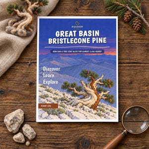 May include: A rectangular educational book titled Great Basin Bristlecone Pine with a blue cover featuring a mountain landscape, a twisted tree, and the text Discover Learn Explore and How can a tree stay alive for almost 5,000 years?