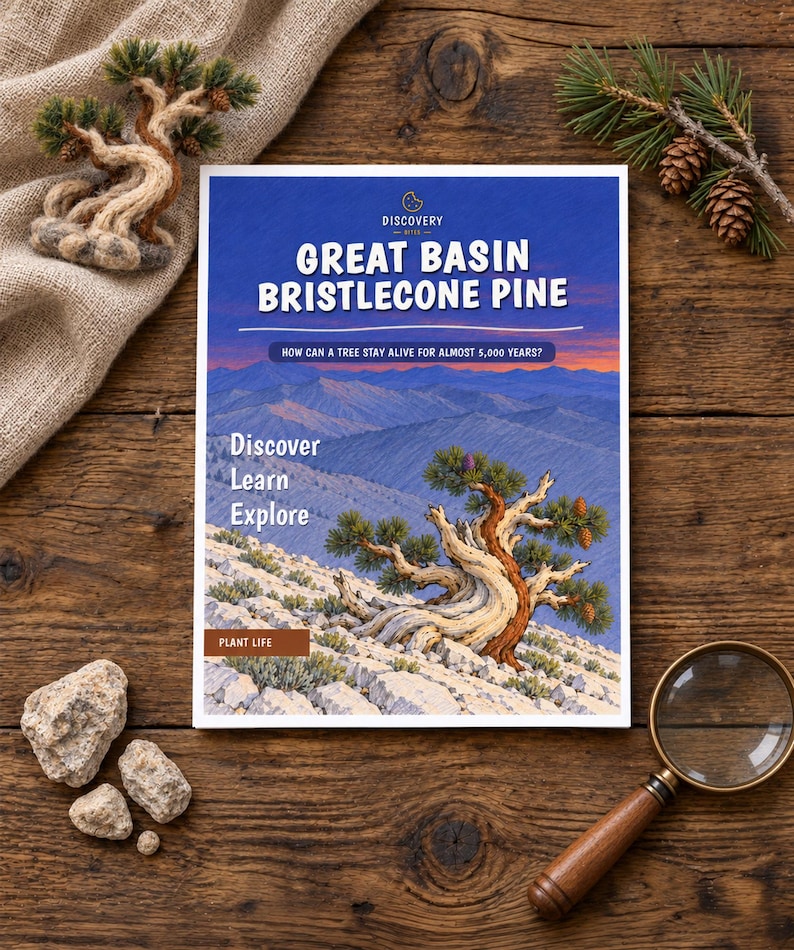 May include: A rectangular educational book titled Great Basin Bristlecone Pine with a blue cover featuring a mountain landscape, a twisted tree, and the text Discover Learn Explore and How can a tree stay alive for almost 5,000 years?