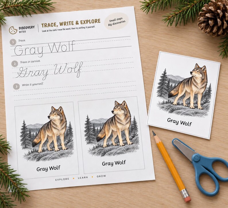 Puede incluir: Una hoja de trabajo educativa blanca titulada Discovery Bites Trace, Write & Explore con el texto Gray Wolf, una tarjeta a juego con la ilustraci&oacute;n de un lobo, un l&aacute;piz amarillo y tijeras azules. La hoja incluye pr&aacute;ctica de escritura cursiva.