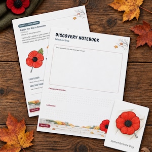 May include: Two white paper sheets titled Discovery Notebook and Explain Your Way to Remember, featuring red poppy illustrations, text prompts, and dotted lines. A small white card with a red poppy and the text Remembrance Day is included.