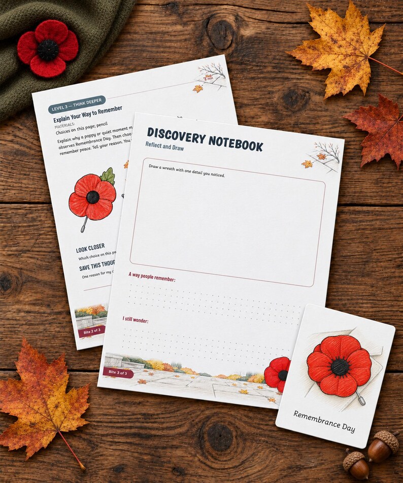 May include: Two white paper sheets titled Discovery Notebook and Explain Your Way to Remember, featuring red poppy illustrations, text prompts, and dotted lines. A small white card with a red poppy and the text Remembrance Day is included.
