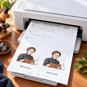 May include: A white printer outputting a worksheet titled Trace, Write & Explore featuring Marie Curie. The page includes handwriting practice lines for the name Marie Curie and two illustrations of the scientist with a book and laboratory glassware.