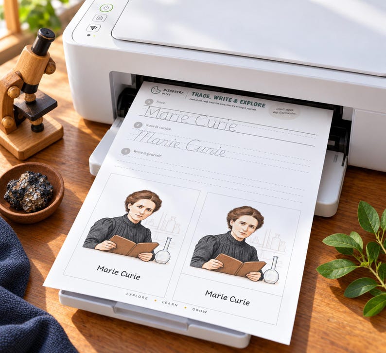May include: A white printer outputting a worksheet titled Trace, Write & Explore featuring Marie Curie. The page includes handwriting practice lines for the name Marie Curie and two illustrations of the scientist with a book and laboratory glassware.